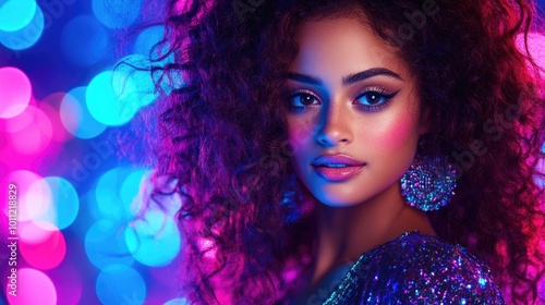 Glamorous portrait of a woman with curly hair and bright neon lights background