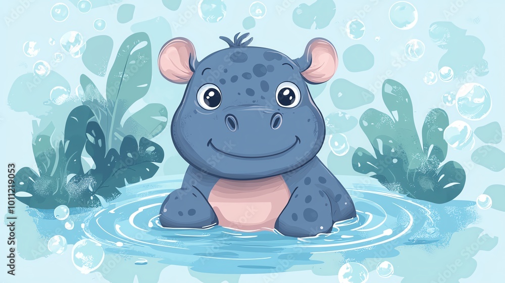 Baby hippo in a childrens storybook style, whimsical design, flat design illustration Baby hippo in a childrens storybook style, whimsical design, flat design illustration