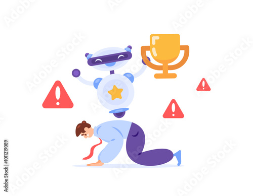 concept of defeat and artificial intelligence. employee fails to compete with AI technology. illustration of a male worker being defeated by a robot. flat style design. elements