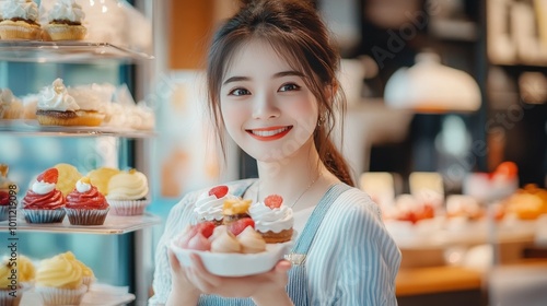 Beautiful woman holds desserts with a smile.