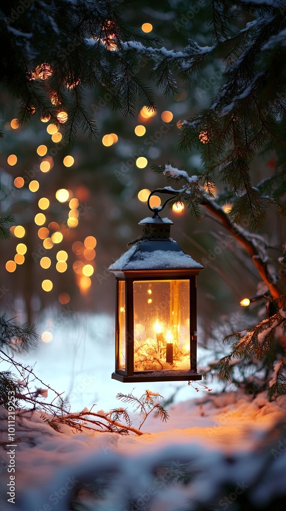 Winter Wonderland with Glowing Lantern and Festive Lights Winter Wonderland with Glowing Lantern and Festive Lights