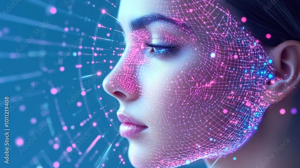 Futuristic woman with digital facial overlay and glowing particles Futuristic woman with digital facial overlay and glowing particles
