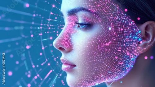 Futuristic woman with digital facial overlay and glowing particles