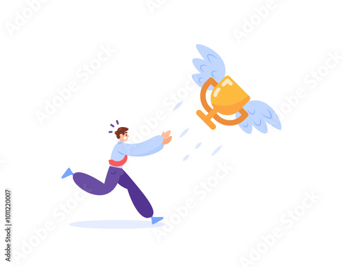 concept of achievement and failure. fail to win and succeed. failure to win. effort to achieve victory. illustration of a man chasing a flying trophy. flat style design. elements
