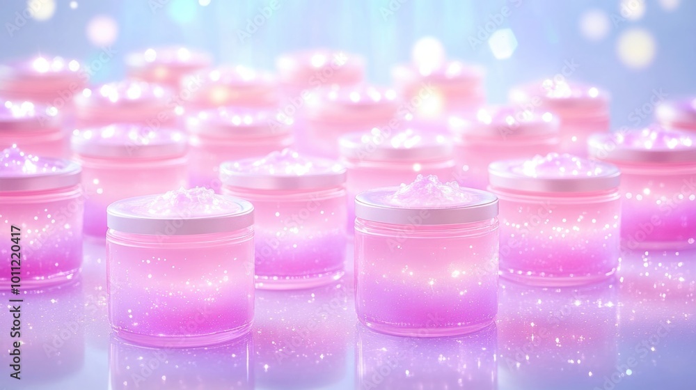 Shimmering pink cosmetic jars with glittering contents in soft focus lighting Shimmering pink cosmetic jars with glittering contents in soft focus lighting