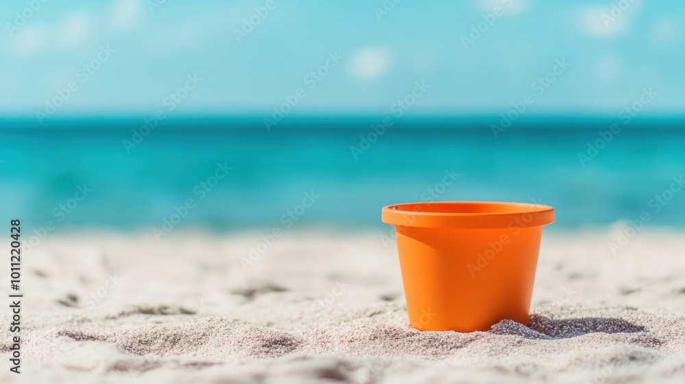 Orange Bucket on Beach with Blurred Ocean Background. Orange Bucket on Beach with Blurred Ocean Background.
