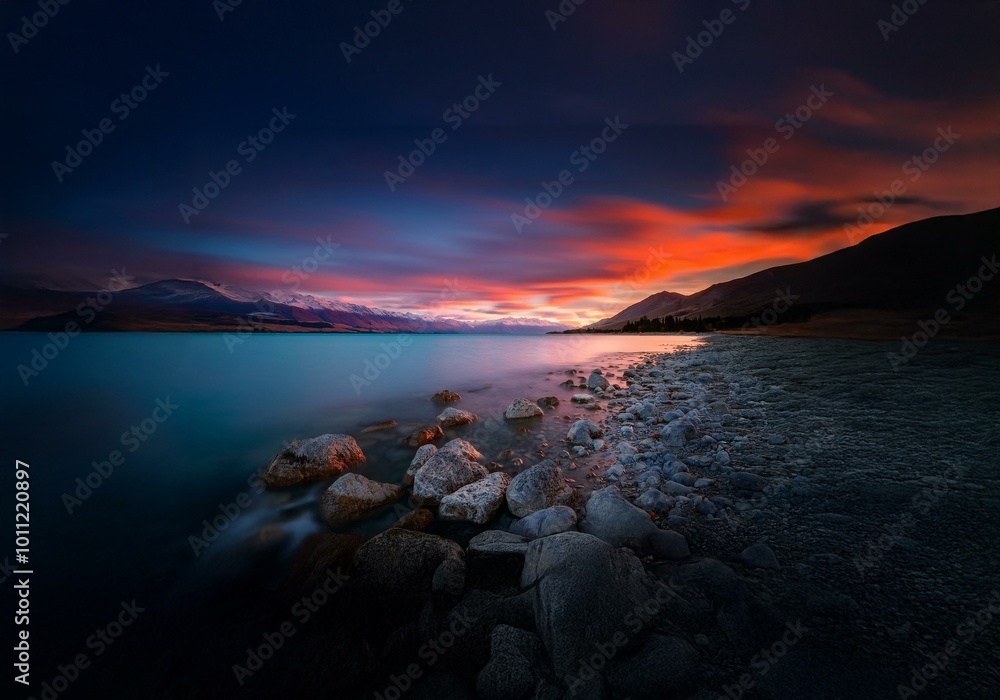 Fototapeta premium A serene New Zealand landscape featuring a still lake, a rocky shoreline, and a vibrant sunset sky.