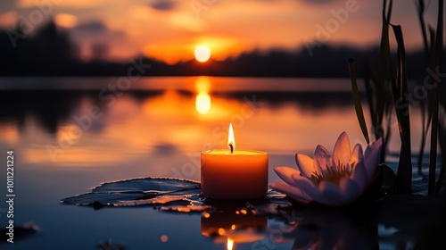 A serene candlelit evening on a tranquil lake with a glowing sunset in the background.