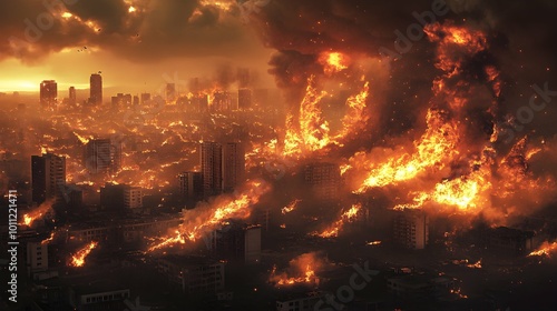 City engulfed in flames, apocalyptic fire, burning buildings.