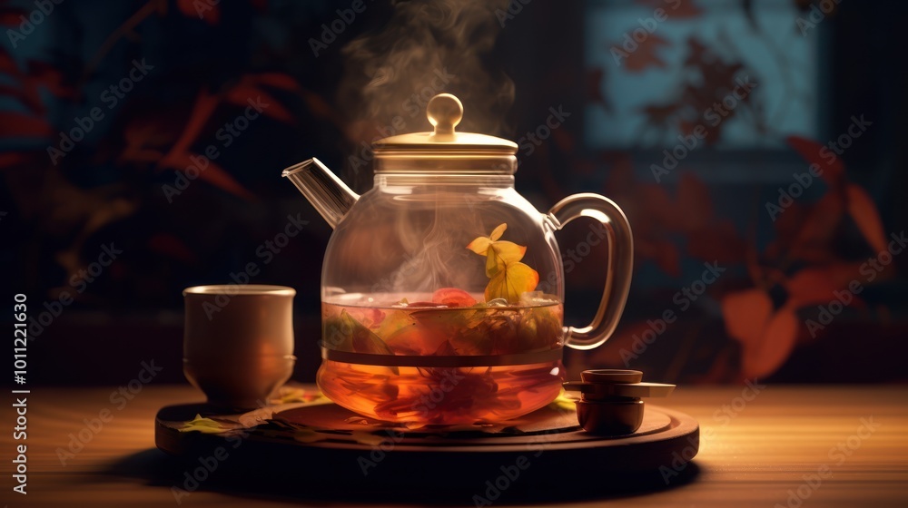 Steaming Herbal Teapot with Autumn Leaves Steaming Herbal Teapot with Autumn Leaves
