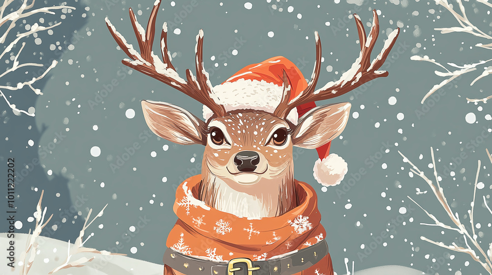 Fairy deer in Santa Claus harness in postcard illustration style. Merry christmas and happy new year concept Fairy deer in Santa Claus harness in postcard illustration style. Merry christmas and happy new year concept