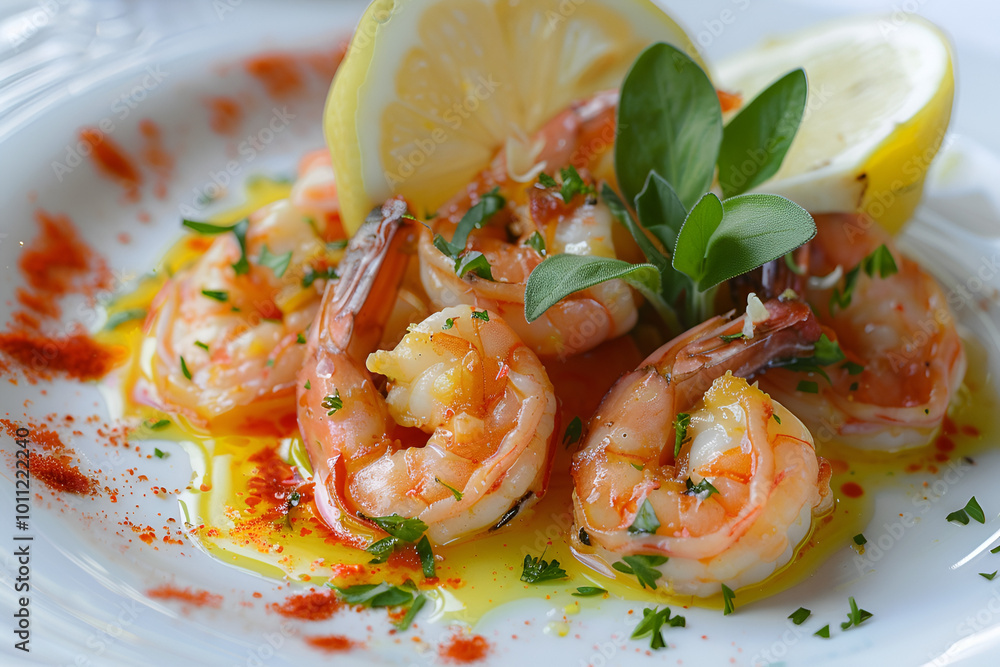 Close-up of seasoned shrimp with herbs and lemon in a pan, ideal for culinary themes. Close-up of seasoned shrimp with herbs and lemon in a pan, ideal for culinary themes.