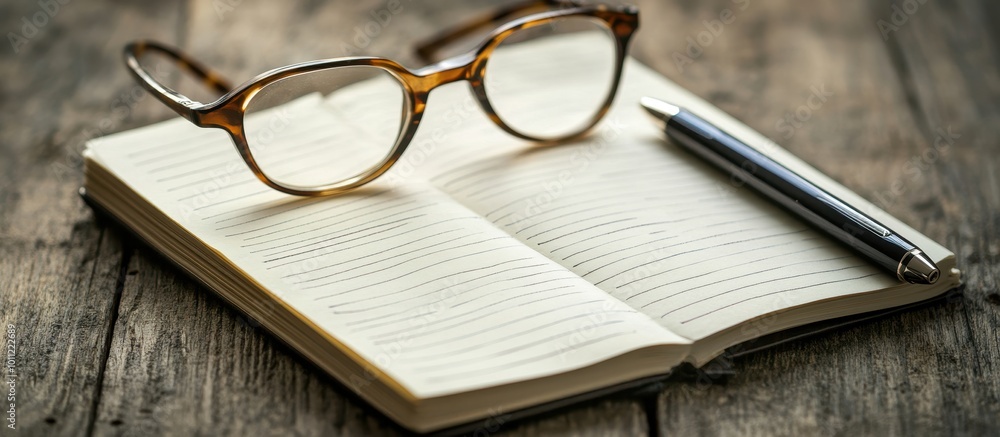 A notebook with lined paper and glasses on the table, open blank pages for writing or journaling. A pen is placed next to it, as if ready to write down ideas or thoughts. A notebook with lined paper and glasses on the table, open blank pages for writing or journaling. A pen is placed next to it, as if ready to write down ideas or thoughts.