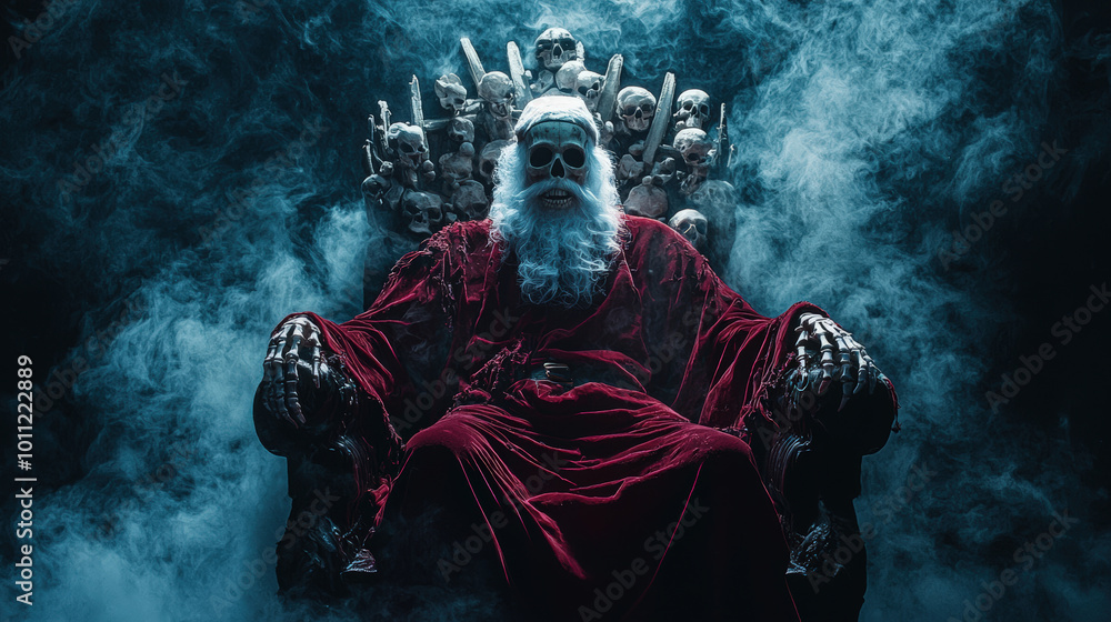 skeletal Santa Claus sits on throne surrounded by skulls, enveloped in misty atmosphere. eerie scene blends holiday themes with dark twist, creating striking visual skeletal Santa Claus sits on throne surrounded by skulls, enveloped in misty atmosphere. eerie scene blends holiday themes with dark twist, creating striking visual