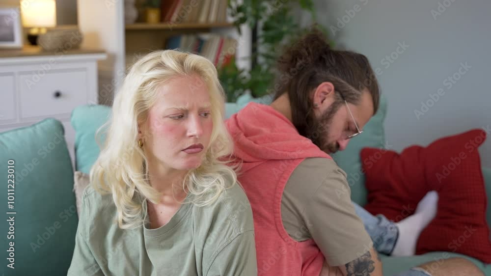 Young couple are arguing on the couch in their home and having difficulty and problems in a relationship and marriage sitting back to back ignoring and not talking to each other, relationship problems Young couple are arguing on the couch in their home and having difficulty and problems in a relationship and marriage sitting back to back ignoring and not talking to each other, relationship problems