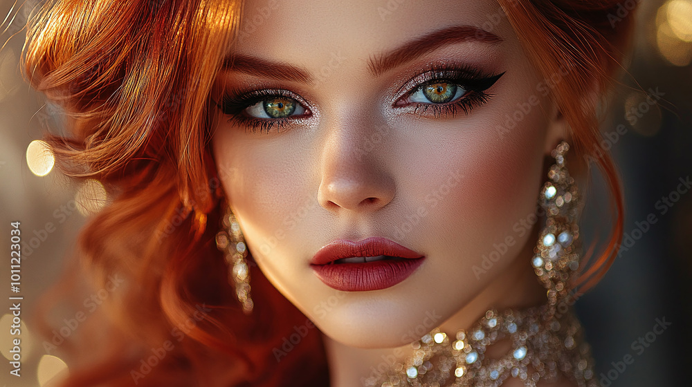 Elegant models in an evening dress red hair and jewelry on the neck evening makeup Elegant models in an evening dress red hair and jewelry on the neck evening makeup
