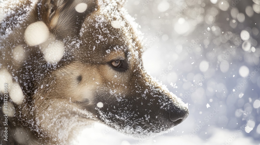 Close-Up of a Dog in White Snow with Snowflakes Floating in the Air and a Determined Gaze Close-Up of a Dog in White Snow with Snowflakes Floating in the Air and a Determined Gaze