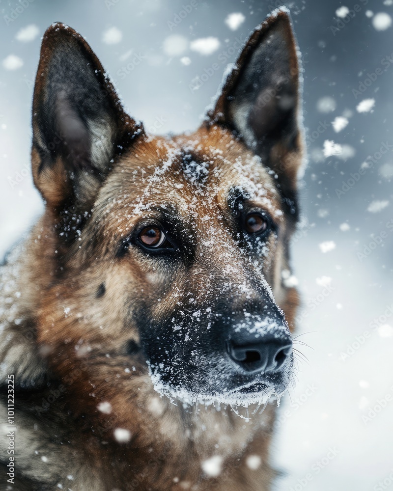 Close-Up of a Dog in White Snow with Snowflakes Floating in the Air and a Determined Gaze Close-Up of a Dog in White Snow with Snowflakes Floating in the Air and a Determined Gaze