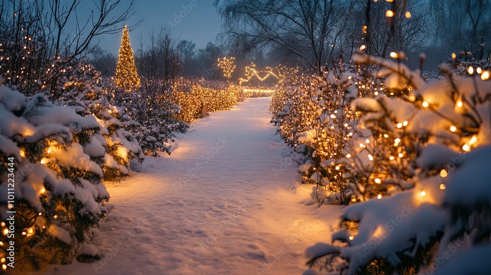 Enchanting Winter Path with Festive Lights Enchanting Winter Path with Festive Lights