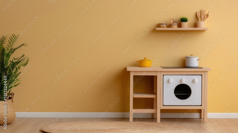 Obraz premium Modern Play Kitchen with Yellow Pot and Green Plant.