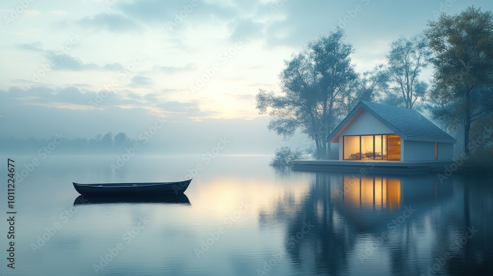 Serene lakeside cabin at dawn with a tranquil boat. Serene lakeside cabin at dawn with a tranquil boat.