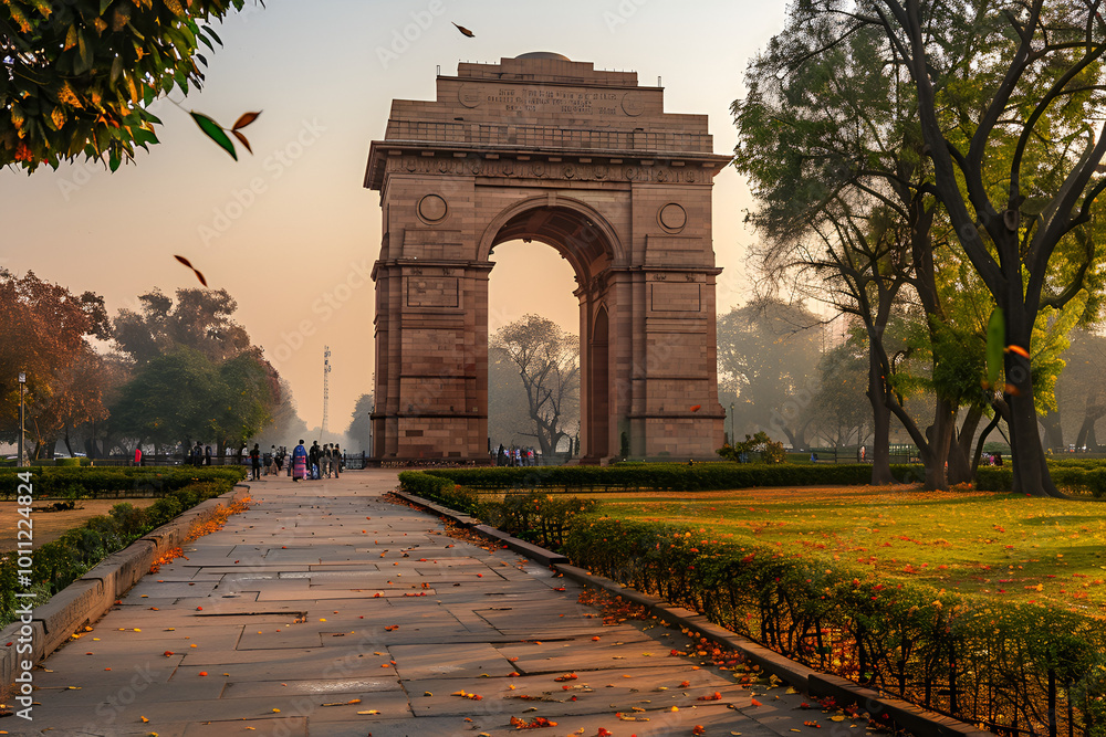 Fototapeta premium Majestic view of India Gate under a clear blue sky, symbolizing Delhi’s rich heritage and history. The iconic sandstone arch stands tall, surrounded by lush greenery and tourists.