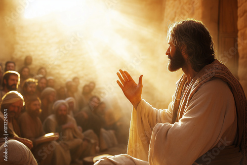 Jesus, with his hand raised, teaching people in the sunlight