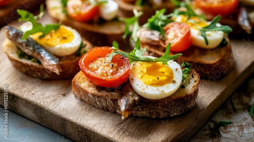 Crostini with anchovies, tomatoes, eggs, greens