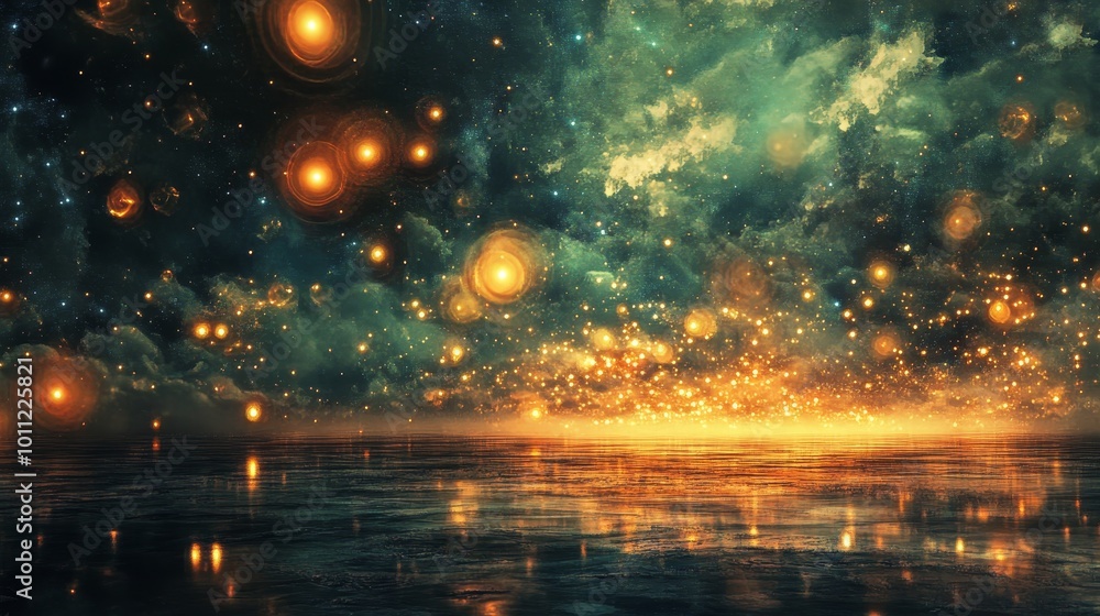 Naklejka premium Celestial Reflections A Digital Painting of a Starry Sky Reflected in a Calm Water, digital art, starry night, reflection, galaxy