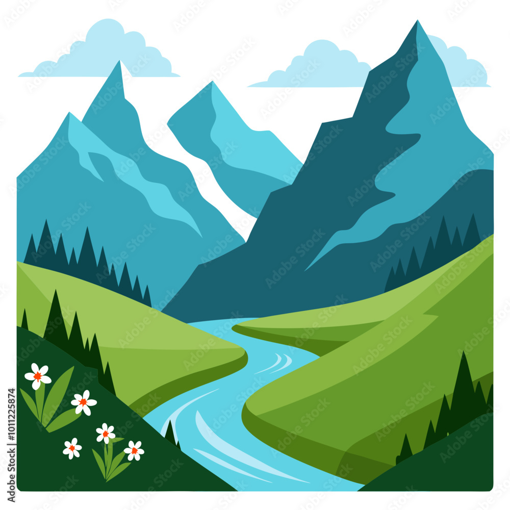 Fototapeta premium Explore a Lush Alpine Valley Surrounded by Towering Peaks Vector Illustration 