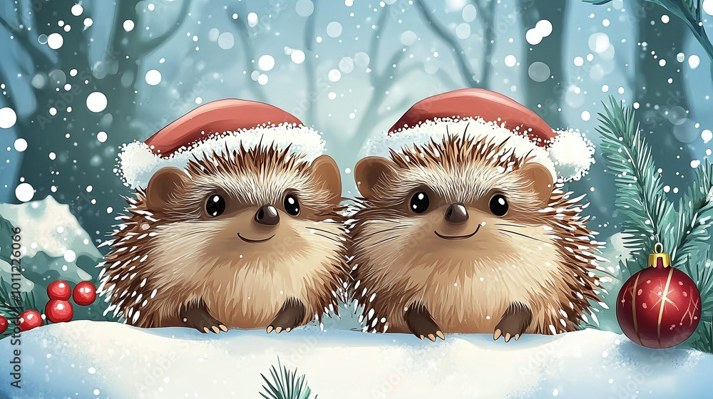 Cute cartoon hedgehogs in christmas background of winter new year village concept greeting christmas card Cute cartoon hedgehogs in christmas background of winter new year village concept greeting christmas card