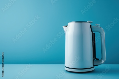 Simple white electric kettle placed on a turquoise surface in a bright and modern kitchen setting