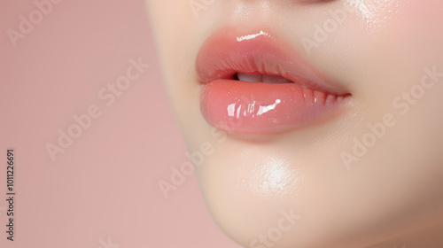Glossy Lips: A close-up macro shot of smooth, hydrated lips with a clear, glossy sheen. Perfect for beauty, fashion, and skincare campaigns.  