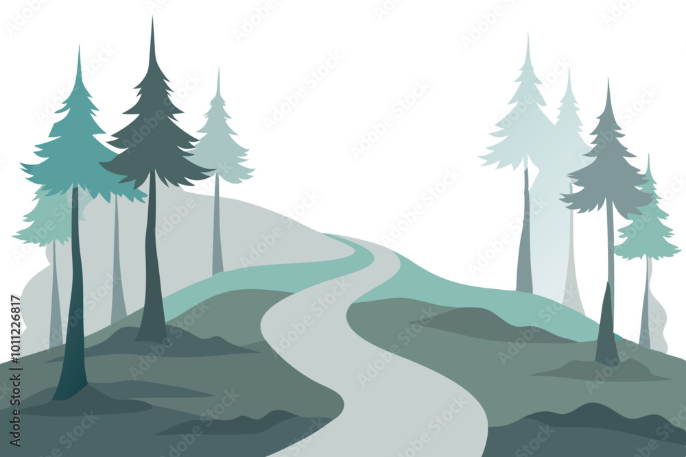 Fototapeta premium Mystical Foggy Forest Scene Featuring a Narrow Winding Path Vector Art 