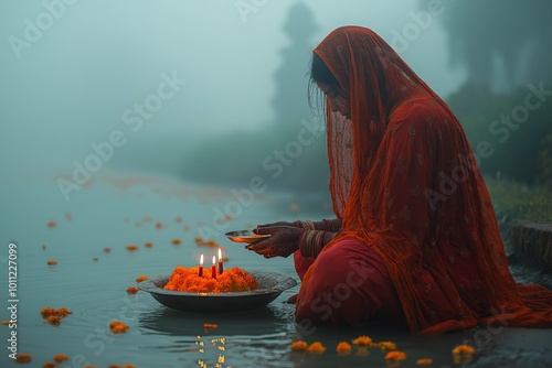 Devotee in traditional attire performing Chhath Puja at a misty riverside with pooja thali photo