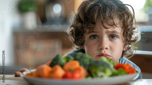 Picky Eater: A portrait of a young boy with curly hair, looking hesitant at a plate of colorful vegetables.  The image evokes a sense of childhood and healthy eating challenges. 