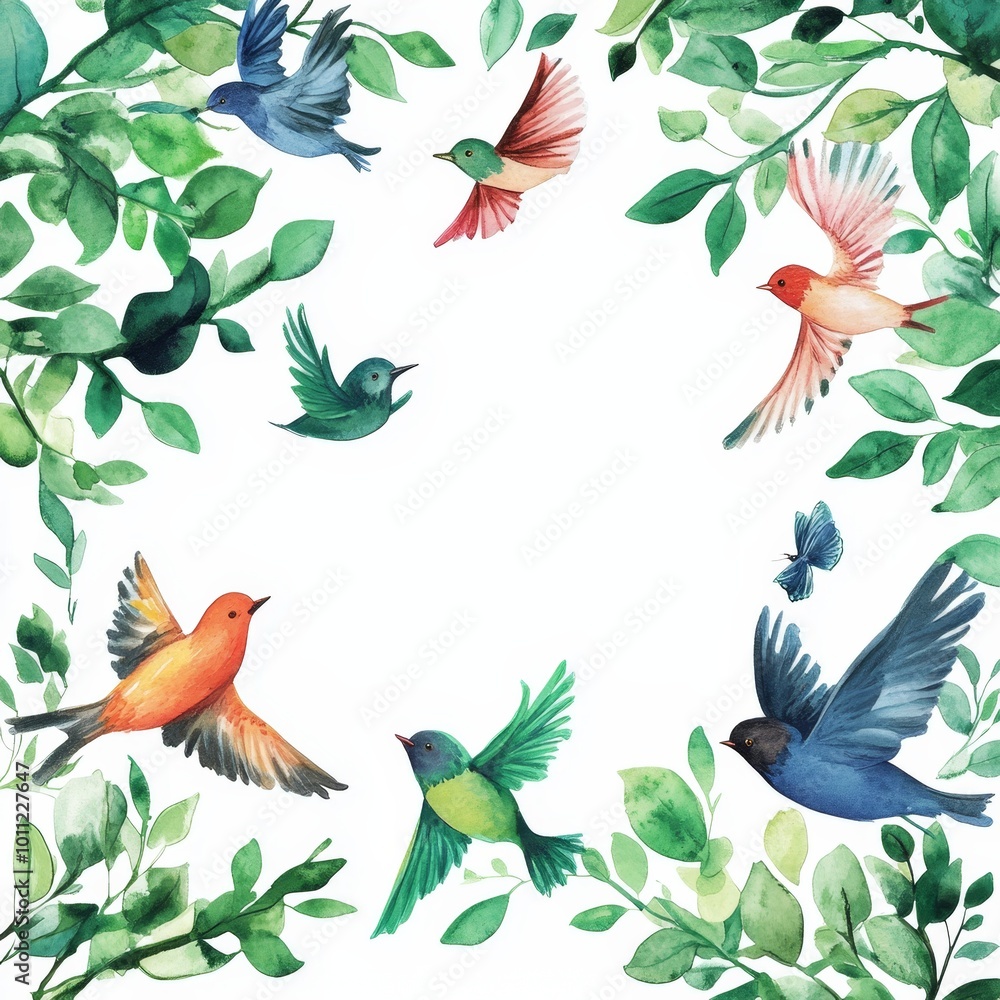 Obraz premium Watercolor Bird Frame with Green Leaves, 6 Birds, White Background, Watercolor, Bird Frame, Nature Art