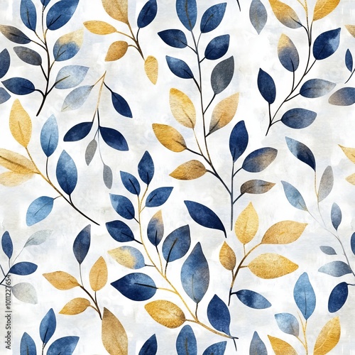 Watercolor Blue and Gold Leaves Seamless Pattern, Watercolor, Seamless, Pattern, Floral, Leaves, Blue
