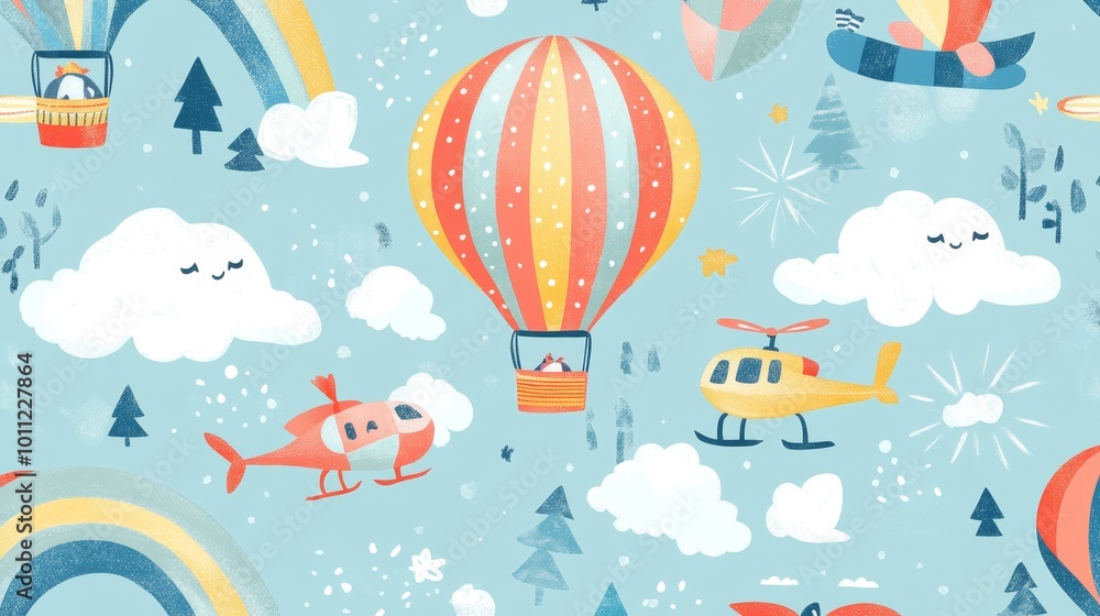 Naklejka premium Whimsical Hot Air Balloon and Helicopter Flying Through the Sky with Cute Clouds, Digital Illustration, Blue Sky, Air Travel, Kid's Pattern, Hot Air Balloon Design, Helicopter Illustration