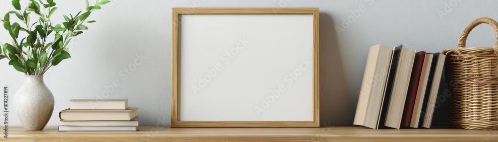 Wooden Frame Mockup with Books, Vase, and Wicker Basket on a Wooden Shelf, mockup, frame, decor, Wooden Frame Mockup with Books, Vase, and Wicker Basket on a Wooden Shelf, mockup, frame, decor,