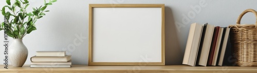 Wooden Frame Mockup with Books, Vase, and Wicker Basket on a Wooden Shelf, mockup, frame, decor,