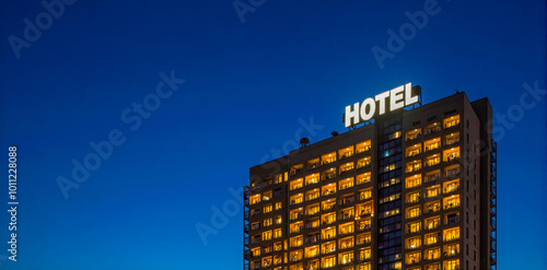 Modern hotel building at dusk, city accommodation, high-rise with illuminated windows, rooftop sign, urban travel lodging destination, evening hospitality industry structure #1011228088