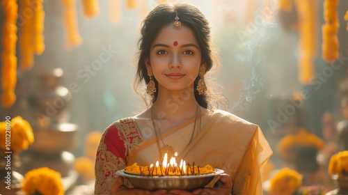 Serene Indian woman holding a pooja thali with incense during a traditional Hindu festival
