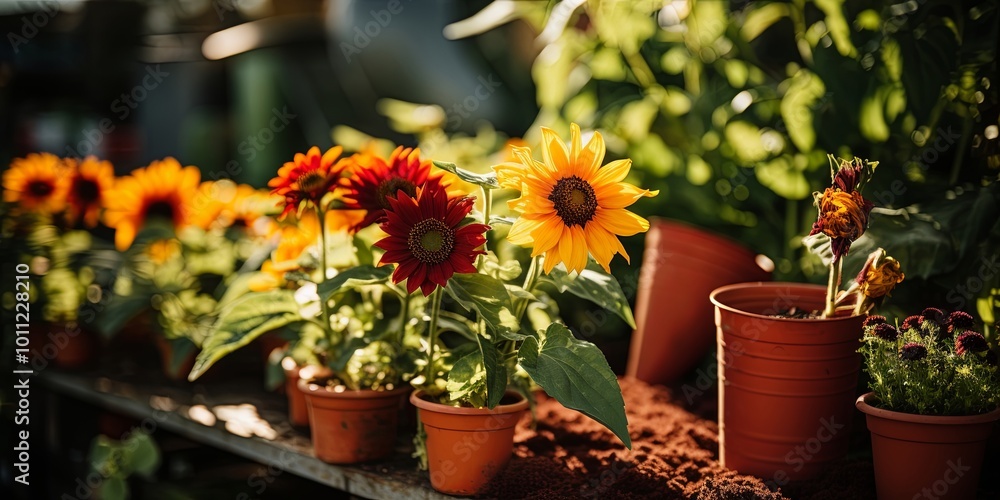 A collection of potted sunflowers, bursting with vibrant colors, bask in the warm glow of the afternoon sun, casting a golden hue upon the garden soil. A collection of potted sunflowers, bursting with vibrant colors, bask in the warm glow of the afternoon sun, casting a golden hue upon the garden soil.