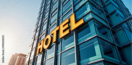 Modern urban hotel exterior with illuminated sign, glass facade architecture in city setting, accommodation for travelers in downtown area, clear blue sky background #1011228235