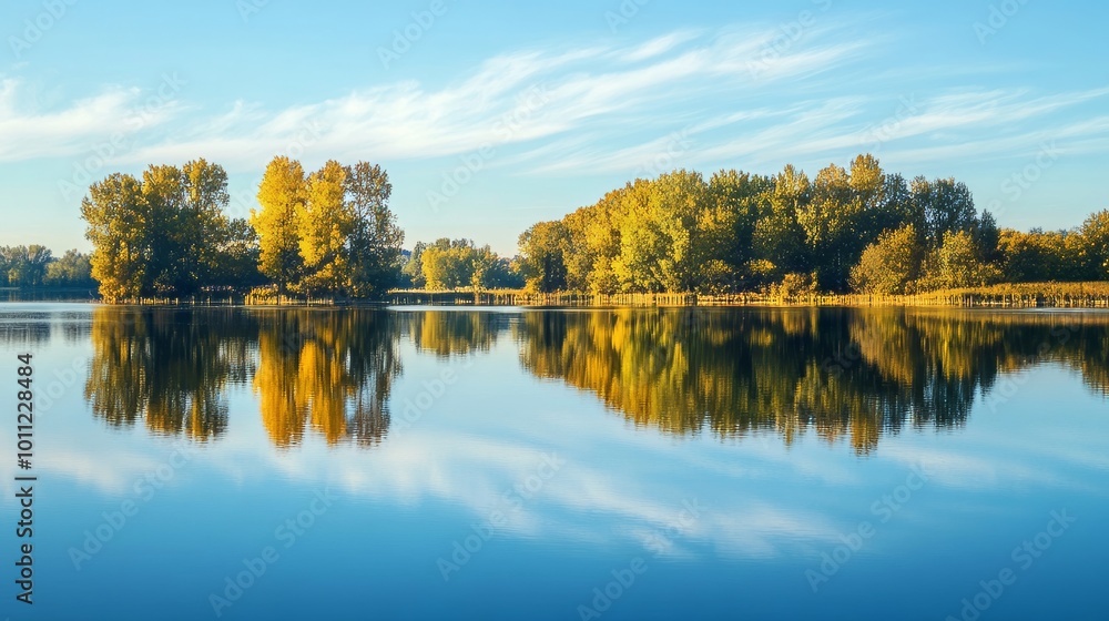 Trees mirrored in tranquil lake Trees mirrored in tranquil lake