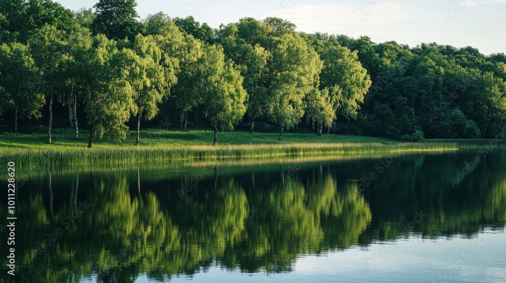 Lakeside trees reflected in serene waters Lakeside trees reflected in serene waters