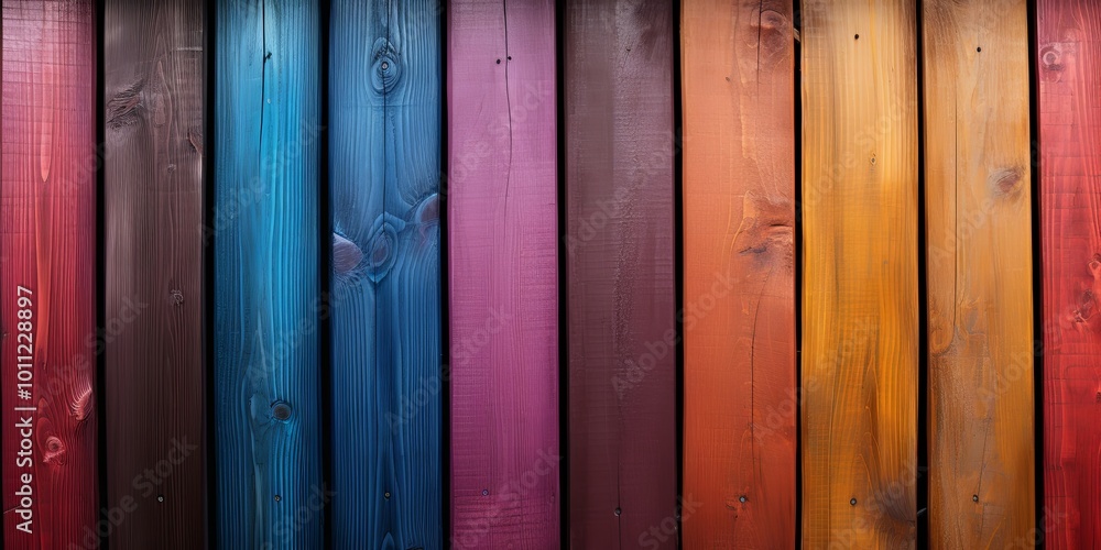 Fototapeta premium A vertical arrangement of wooden planks, painted in a vibrant spectrum of colors, showcasing a harmonious blend of warm and cool hues.
