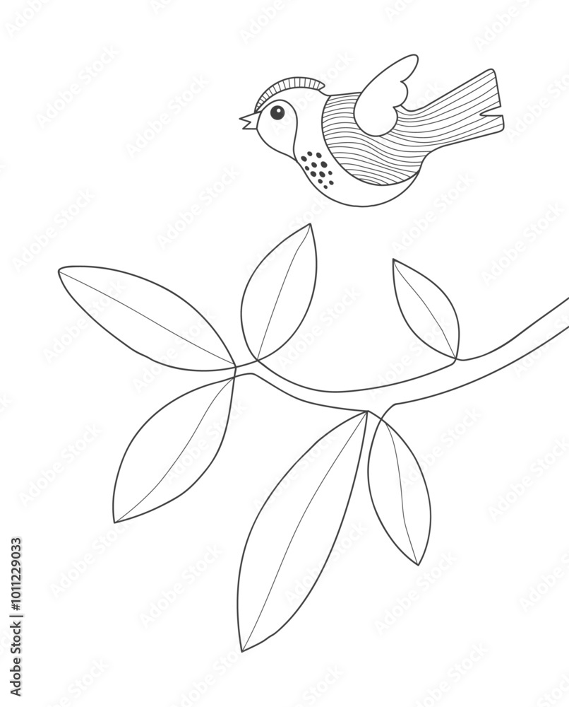 Fototapeta premium Bird flies over tree branch outline drawing vector, nature coloring page design