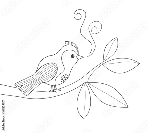 Bird sings on a tree, outline drawing robin bird vector design